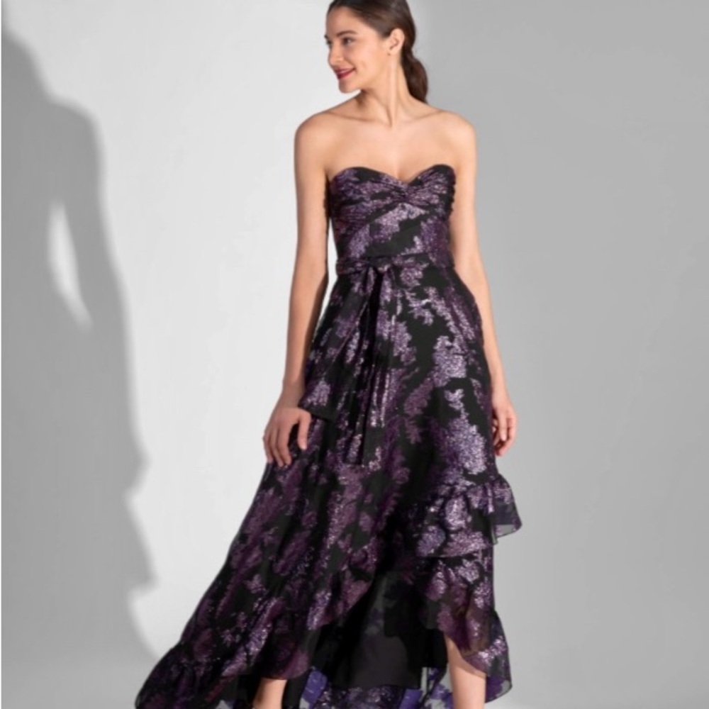 Shimmering Shoshanna Floral High Low Strapless Midi Dress Size 10